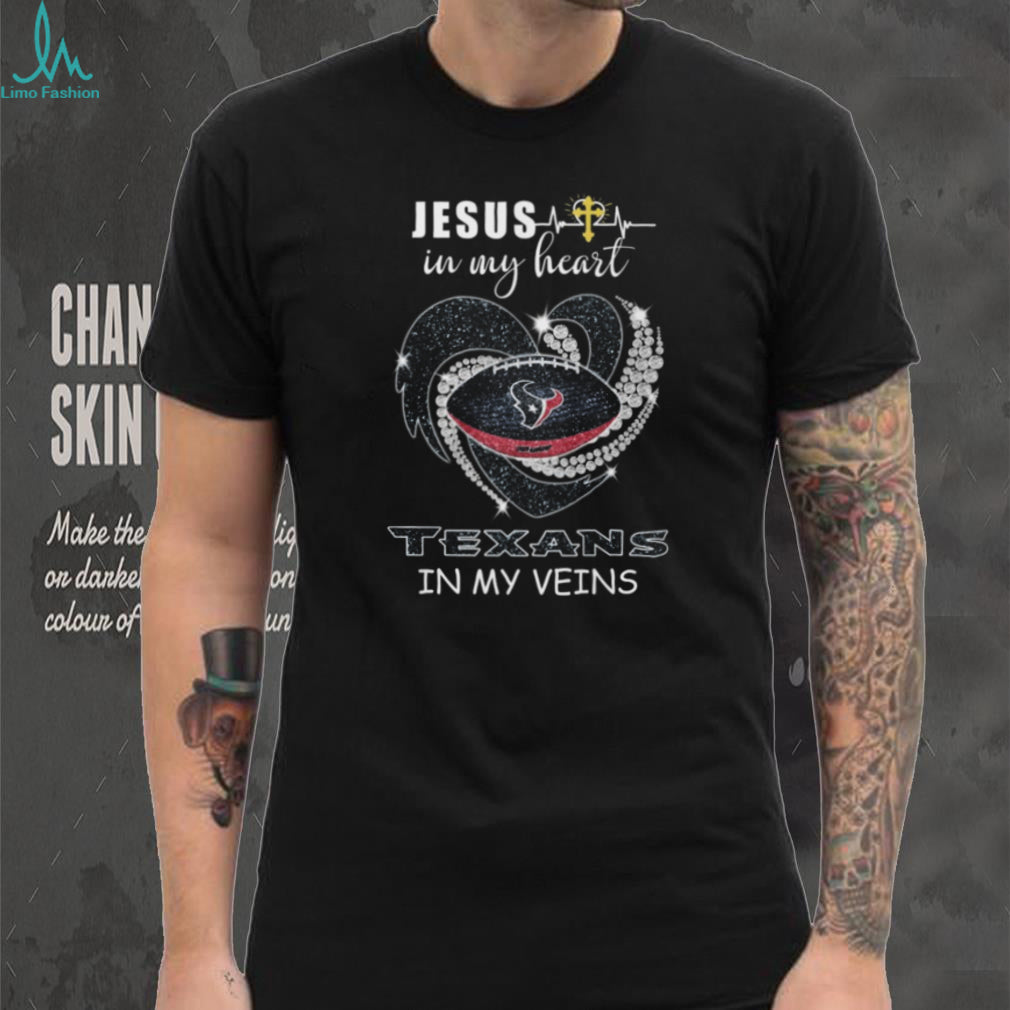 Jesus In My Heart Texans In My Veins Houston Football Faith Glitter Heart T Shirt