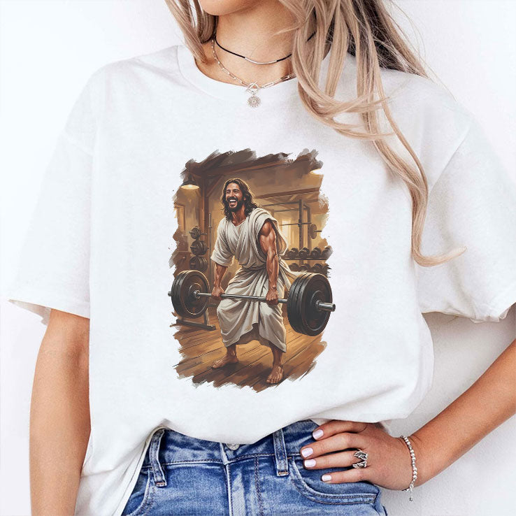 Jesus Lifting Weights T Shirt