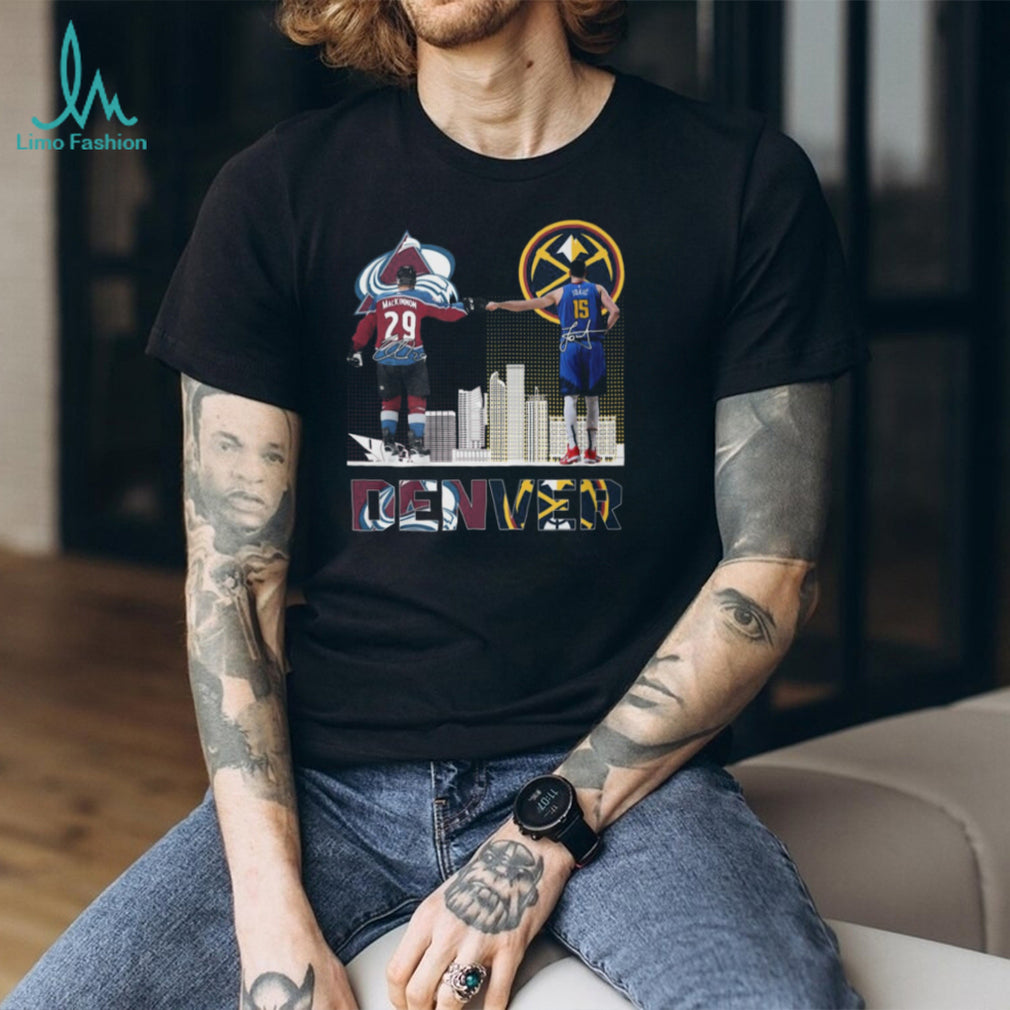 Jokic and MacKinnon Denver Champions Fist Bump Skyline T Shirt