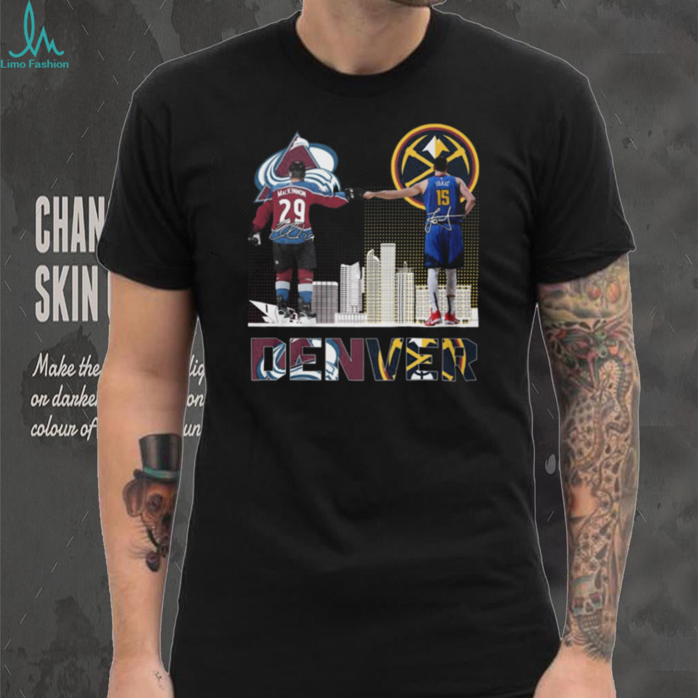 Jokic and MacKinnon Denver Champions Fist Bump Skyline T Shirt