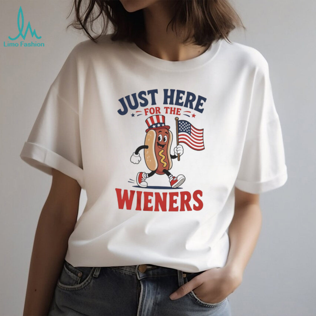 Just Here For The Wieners Funny 4th of July Hot Dog Character T Shirt