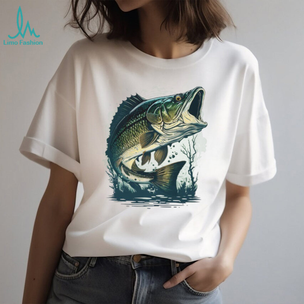 Largemouth Bass Fishing Jumping Out of Water Illustration T shirt
