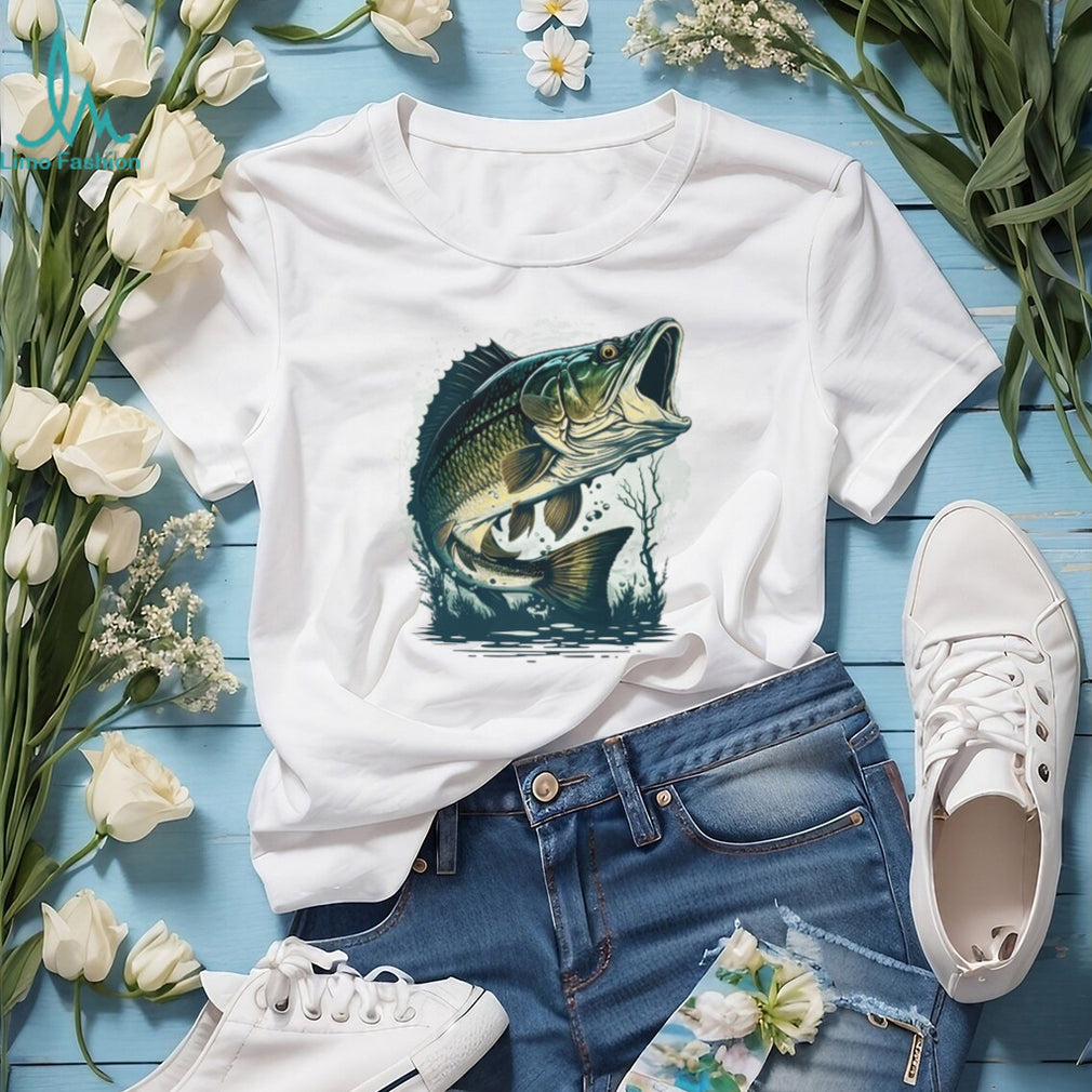 Largemouth Bass Fishing Jumping Out of Water Illustration T shirt