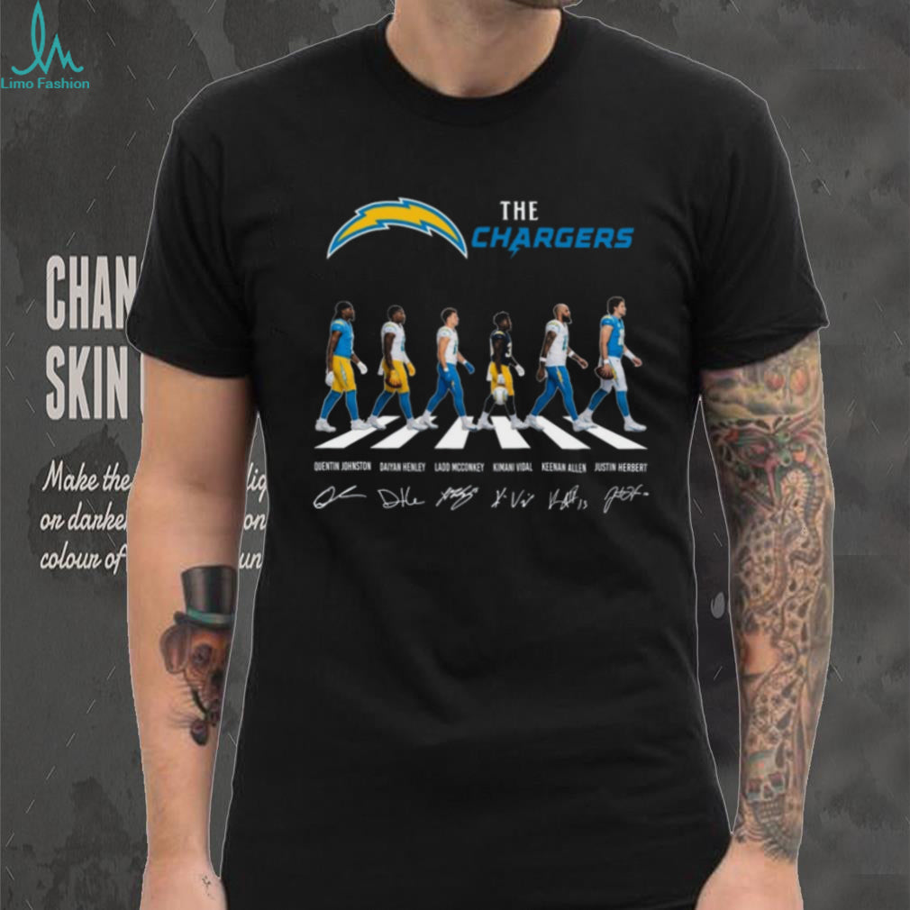 Los Angeles Chargers Abbey Road Walking Players Signature Black T Shirt