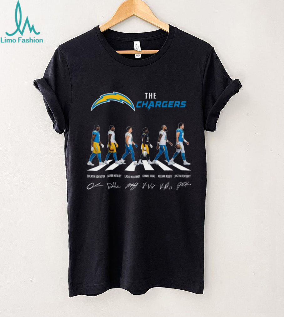 Los Angeles Chargers Abbey Road Walking Players Signature Black T Shirt