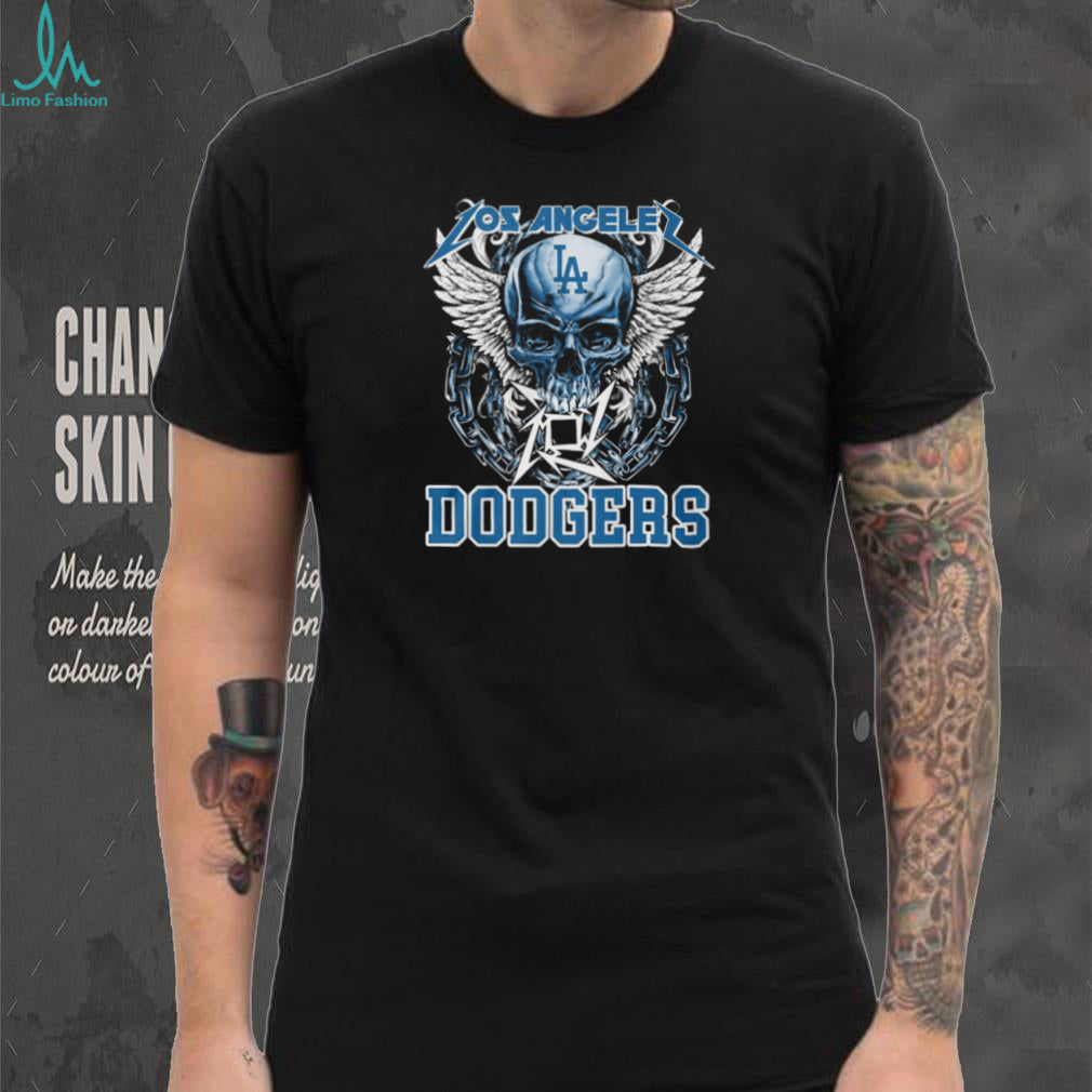 Los Angeles Dodgers Blue Skull With White Wings And Silver Chains T Shirt