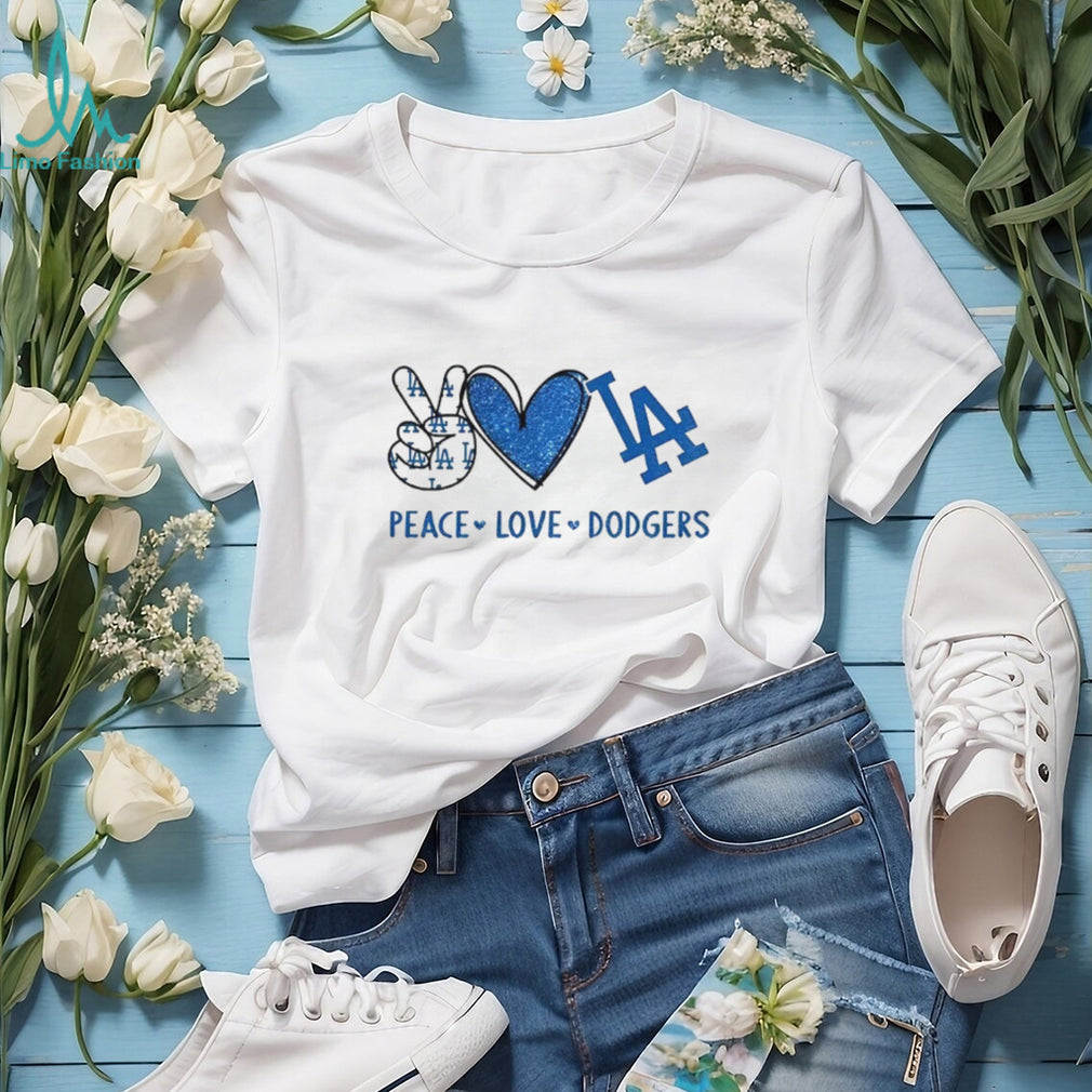 Los Angeles Dodgers Peace Love Dodgers MLB Baseball Blue Sparkle T Shirt