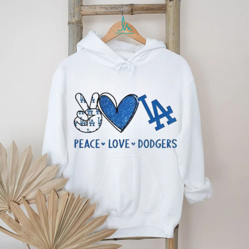 Los Angeles Dodgers Peace Love Dodgers MLB Baseball Blue Sparkle T Shirt