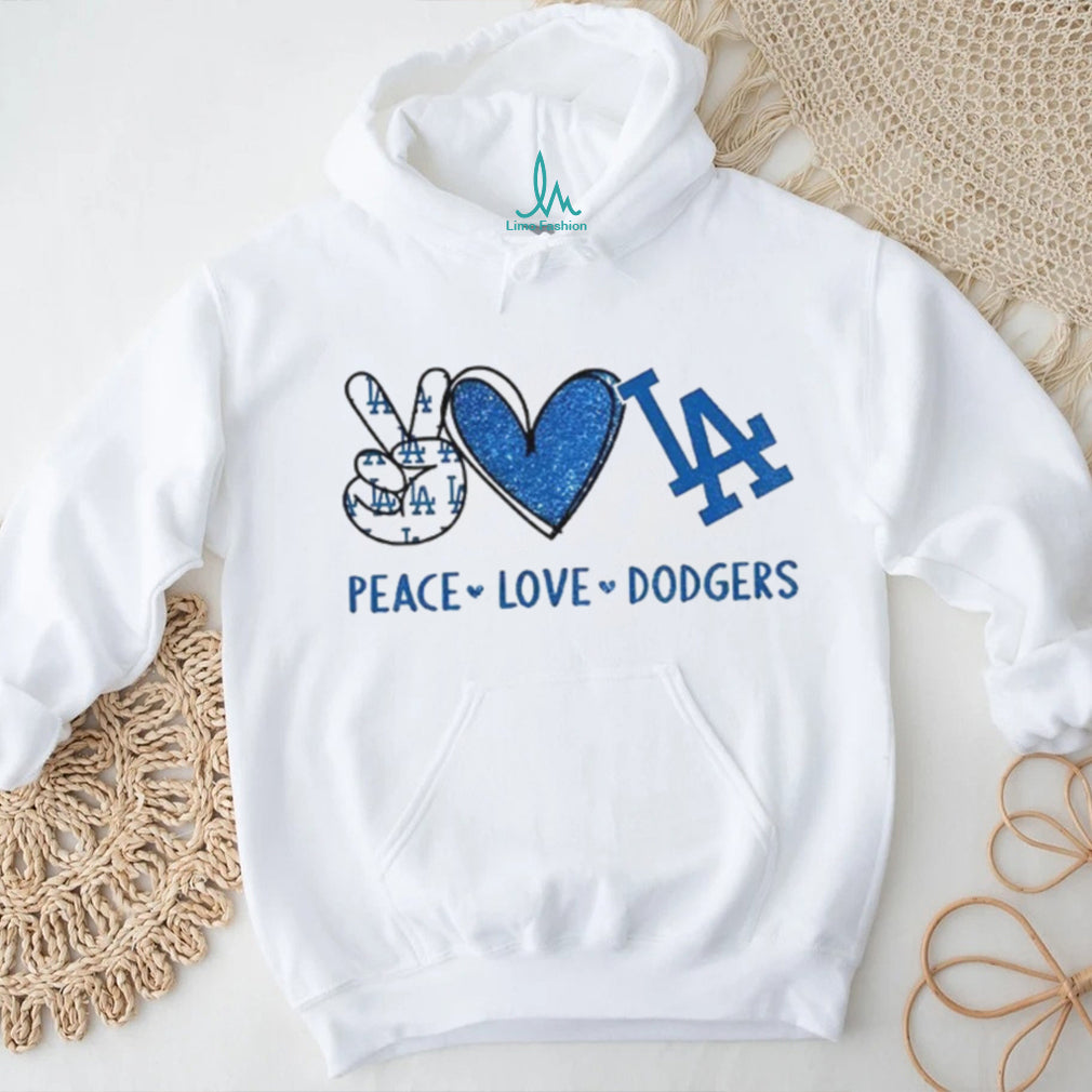 Los Angeles Dodgers Peace Love Dodgers MLB Baseball Blue Sparkle T Shirt