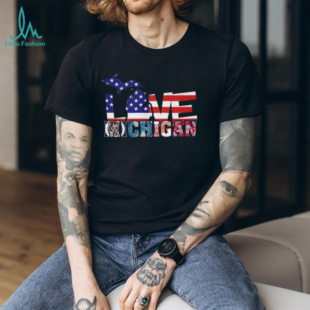 Love Michigan Sports American Flag Silhouette T Shirt Detroit Fan Gear