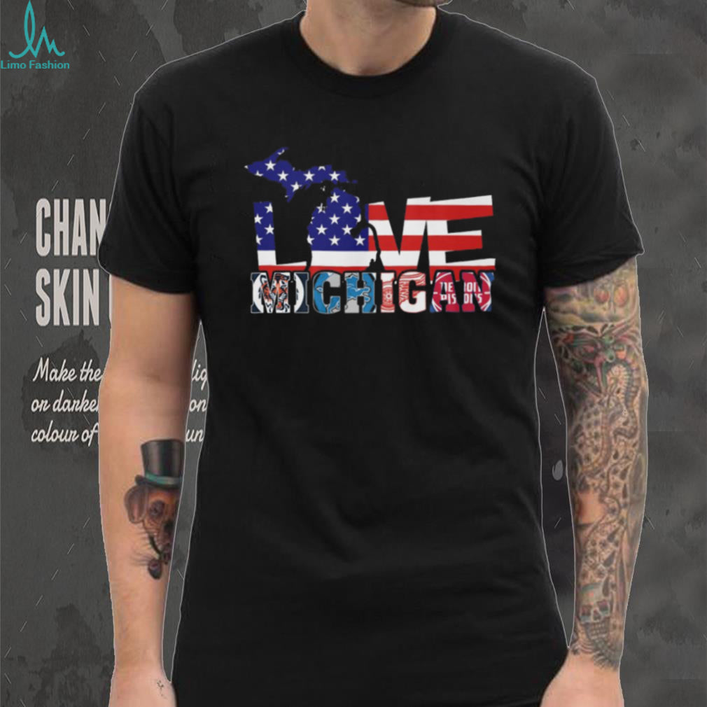 Love Michigan Sports American Flag Silhouette T Shirt Detroit Fan Gear