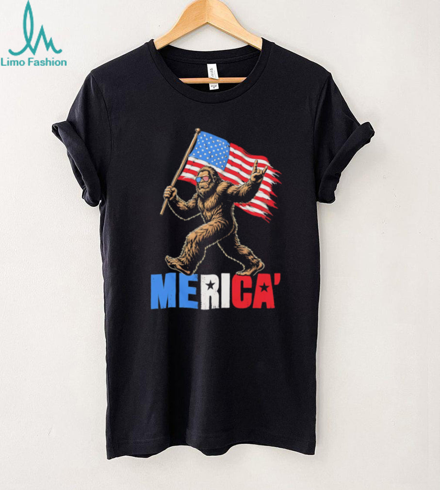 Merica Bigfoot Sasquatch Holding American Flag Patriot Graphic T Shirt