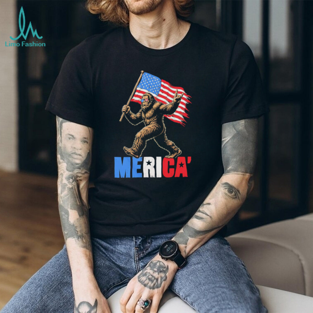 Merica Bigfoot Sasquatch Holding American Flag Patriot Graphic T Shirt