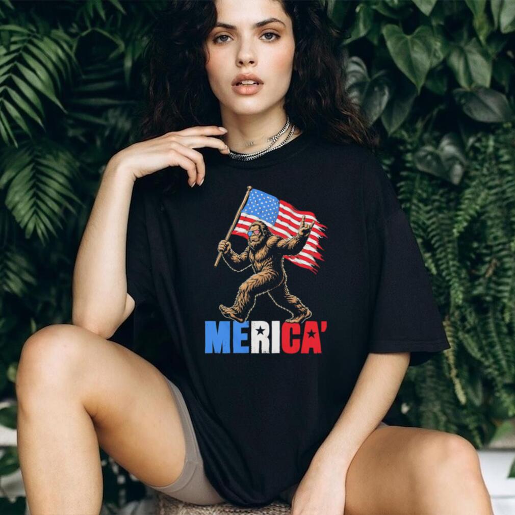Merica Bigfoot Sasquatch Holding American Flag Patriot Graphic T Shirt