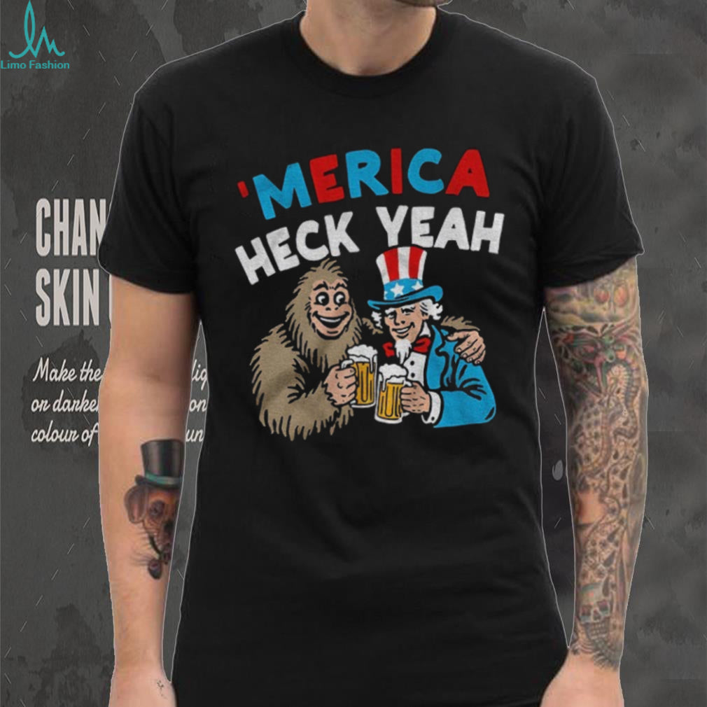 Merica Heck Yeah Uncle Sam and Bigfoot Drinking Beer Patriotic T Shirt