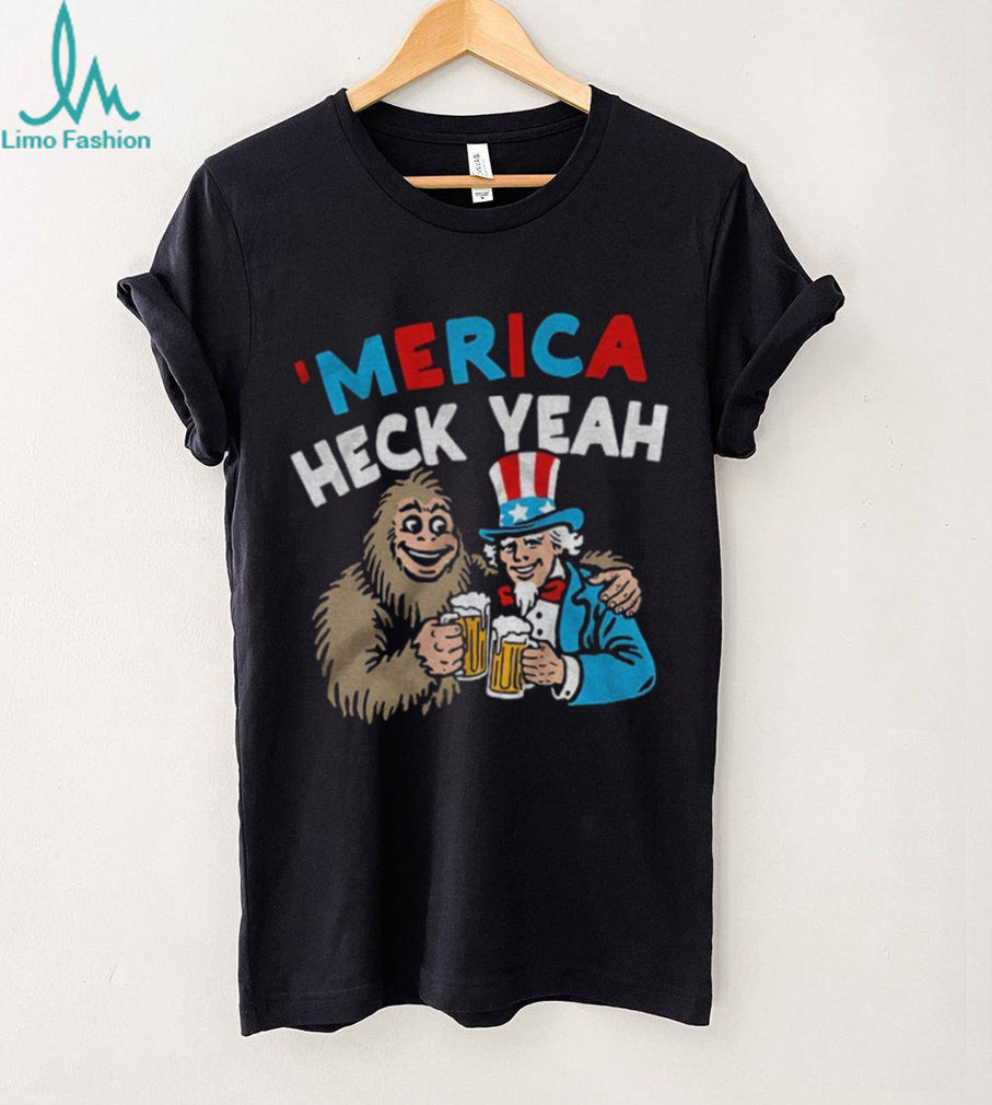 Merica Heck Yeah Uncle Sam and Bigfoot Drinking Beer Patriotic T Shirt