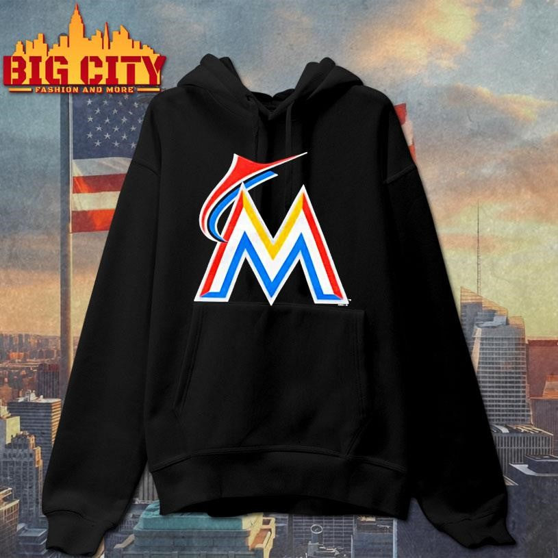 Miami Marlins Logo Stylized Metallic Letter M With Red Blue Yellow Stripes Shirt