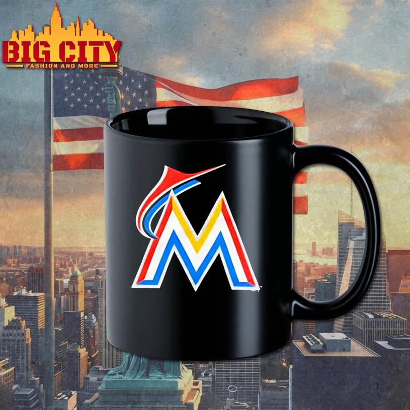 Miami Marlins Logo Stylized Metallic Letter M With Red Blue Yellow Stripes Shirt