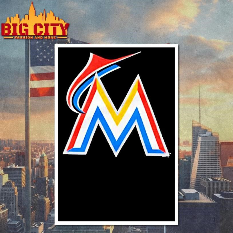 Miami Marlins Logo Stylized Metallic Letter M With Red Blue Yellow Stripes Shirt