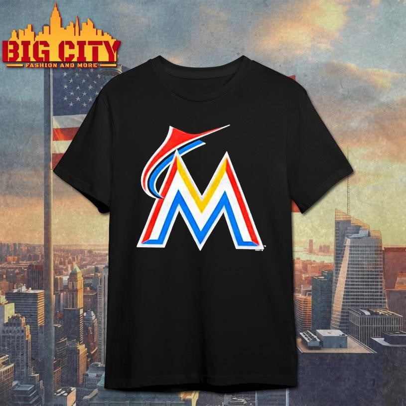 Miami Marlins Logo Stylized Metallic Letter M With Red Blue Yellow Stripes Shirt