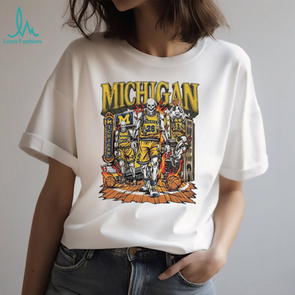 Michigan Wolverines Basketball Skeletons Flaming Hoop T Shirt