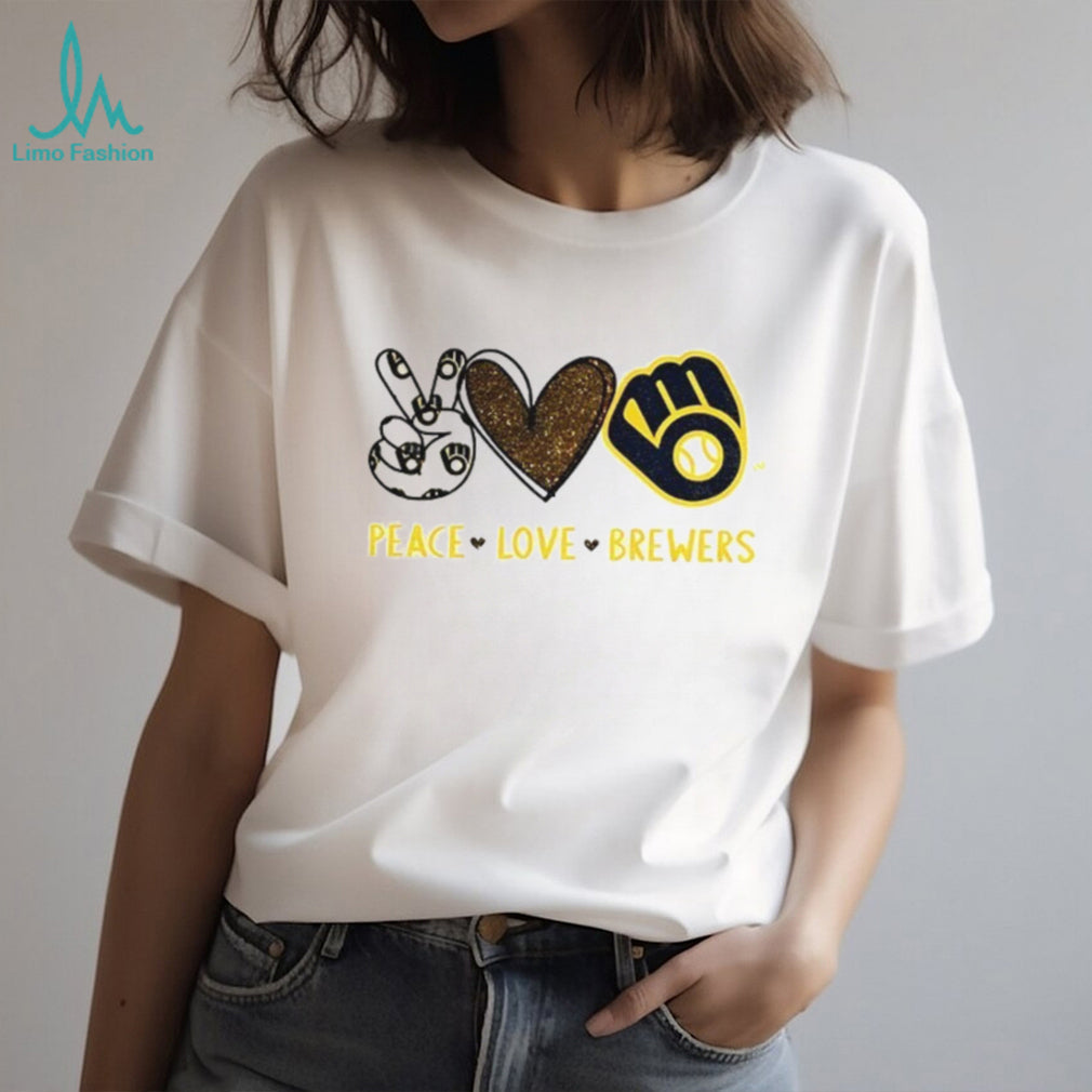 Milwaukee Brewers Peace Love Brewers MLB Baseball Glitter Logo T Shirt