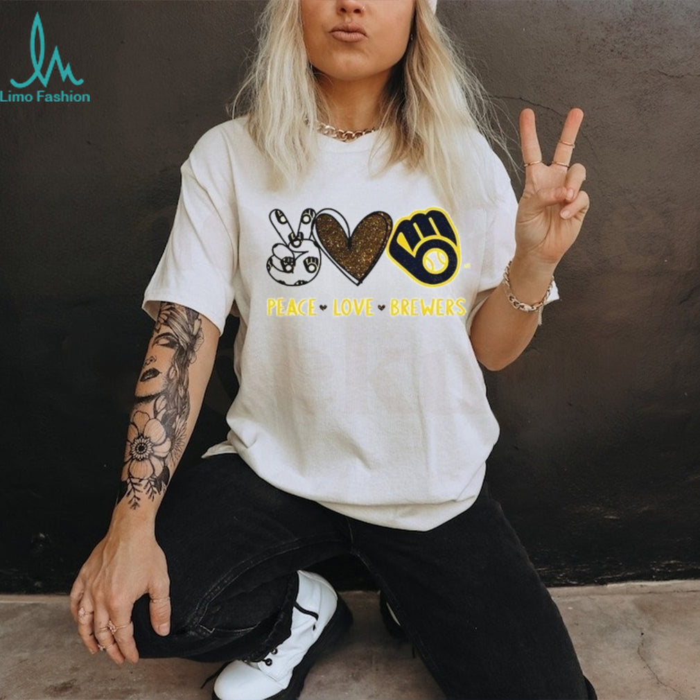 Milwaukee Brewers Peace Love Brewers MLB Baseball Glitter Logo T Shirt