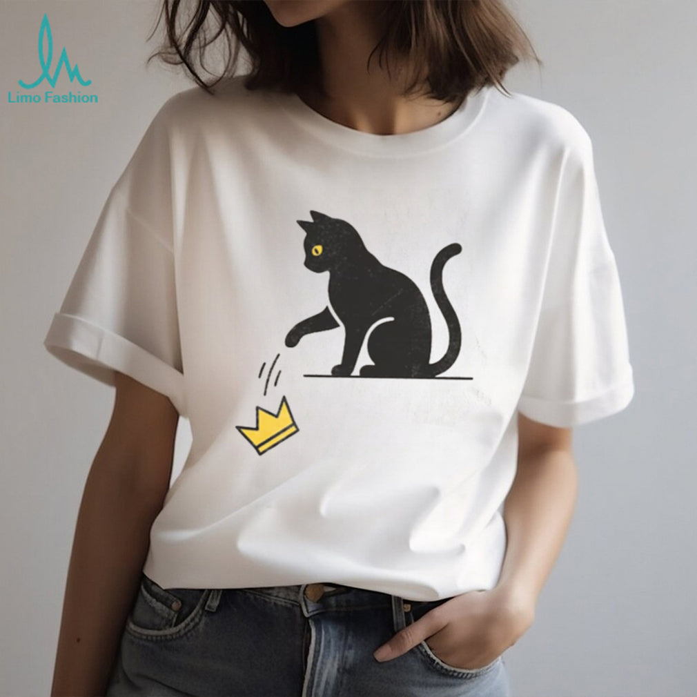 Minimalist Black Cat Knocking Over Crown Graphic T Shirt