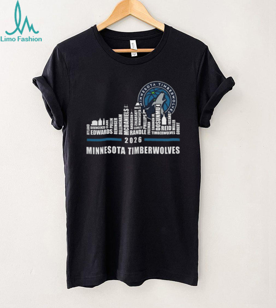 Minnesota Timberwolves City Skyline 2026 Season Roster Player Names Fans Vintage Black T Shirt