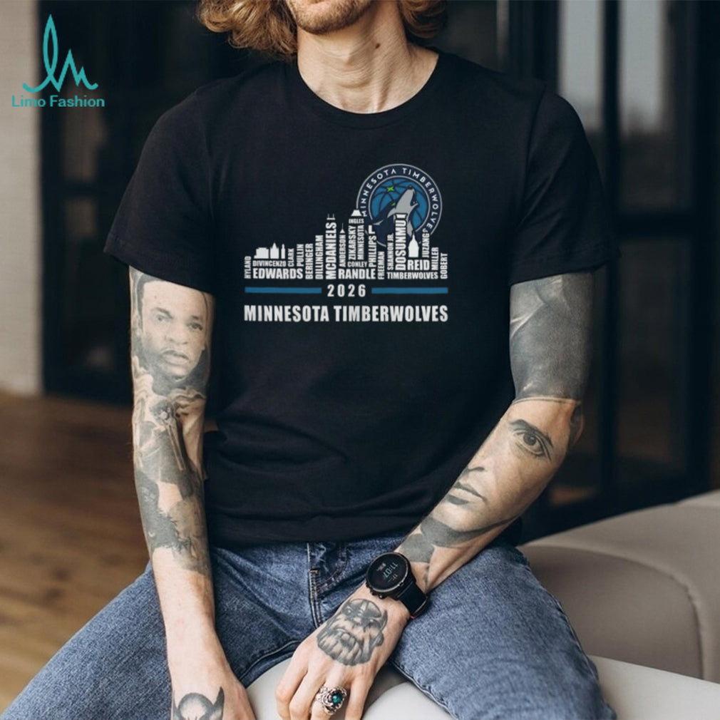 Minnesota Timberwolves City Skyline 2026 Season Roster Player Names Fans Vintage Black T Shirt