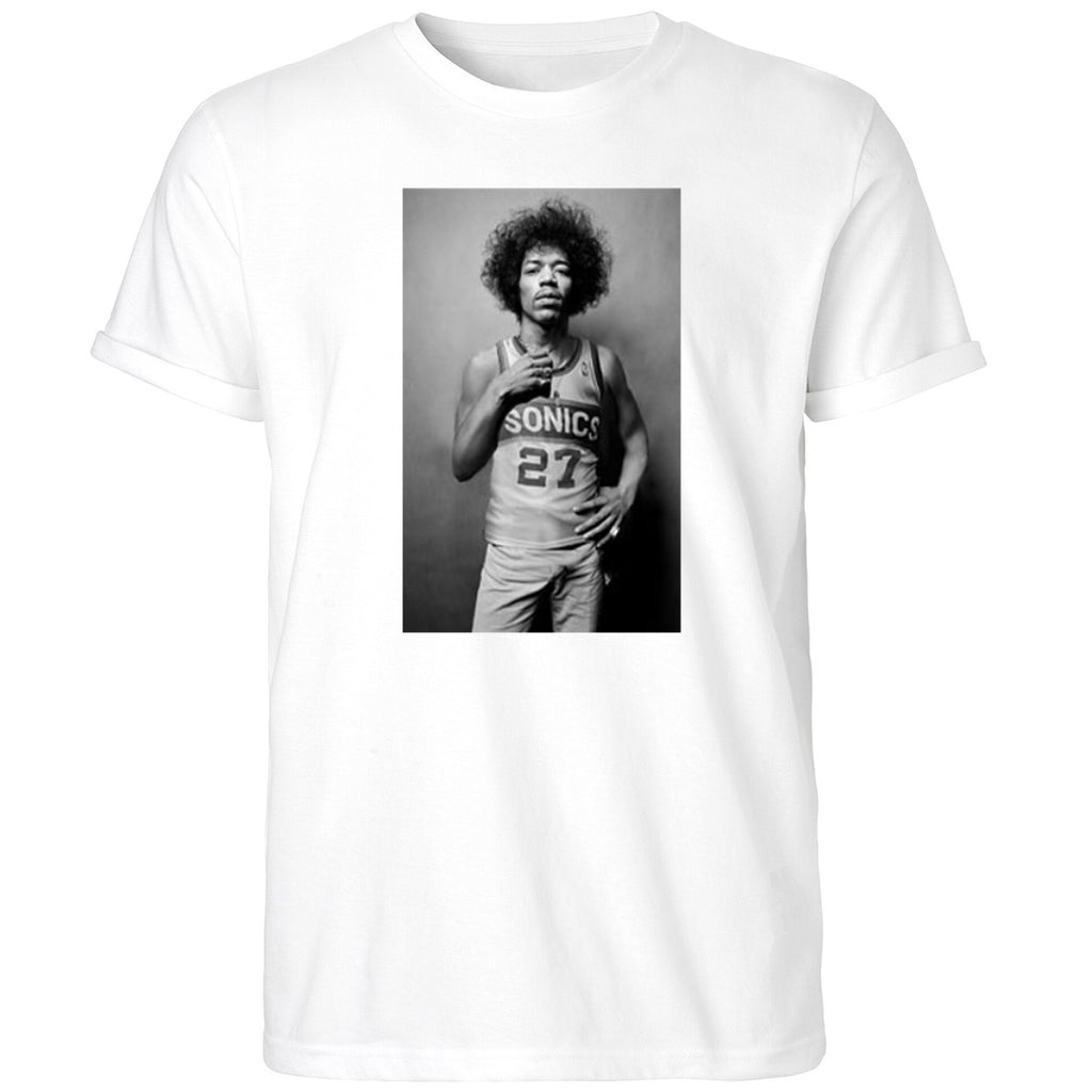 Mitch Johnson With Jimi Hendrix Wear Jersey Seattle Supersonics Shirt