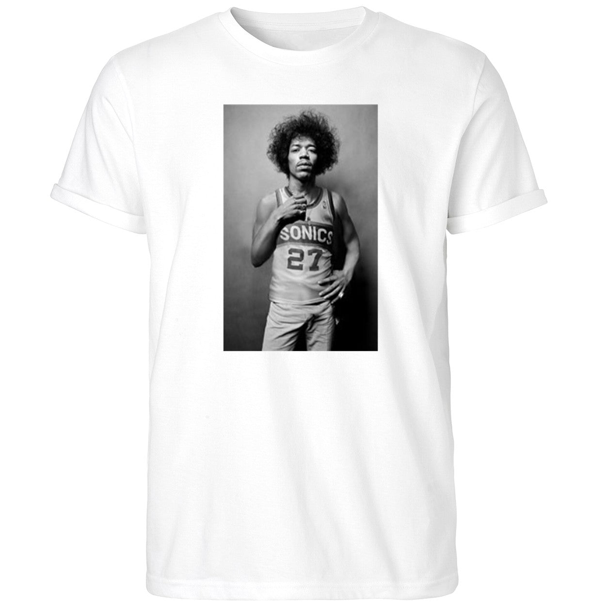 Mitch Johnson With Jimi Hendrix Wear Jersey Seattle Supersonics Shirt