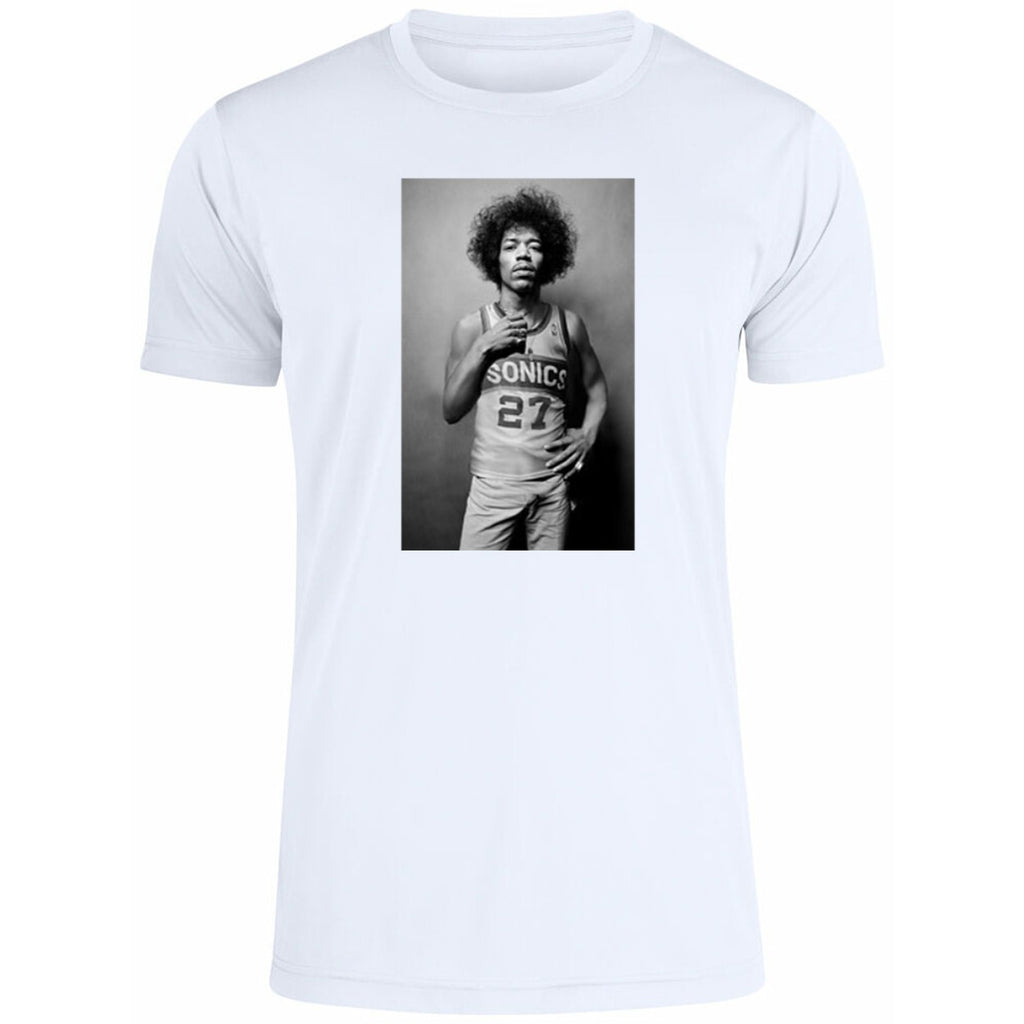 Mitch Johnson With Jimi Hendrix Wear Jersey Seattle Supersonics Shirt