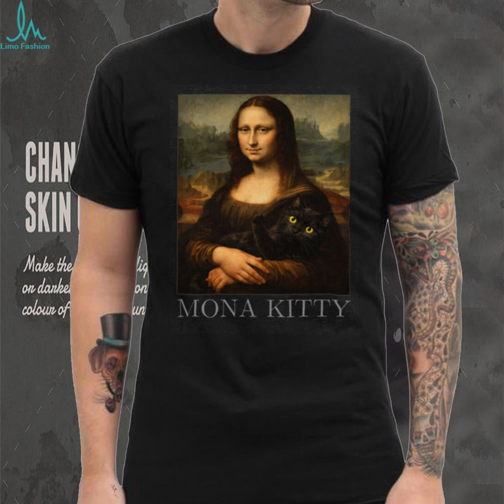 Mona Kitty Parody Mona Lisa Holding Black Cat Art T Shirt