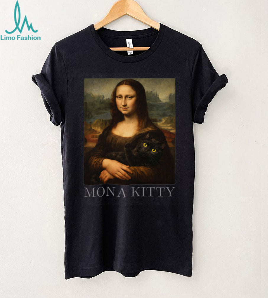 Mona Kitty Parody Mona Lisa Holding Black Cat Art T Shirt