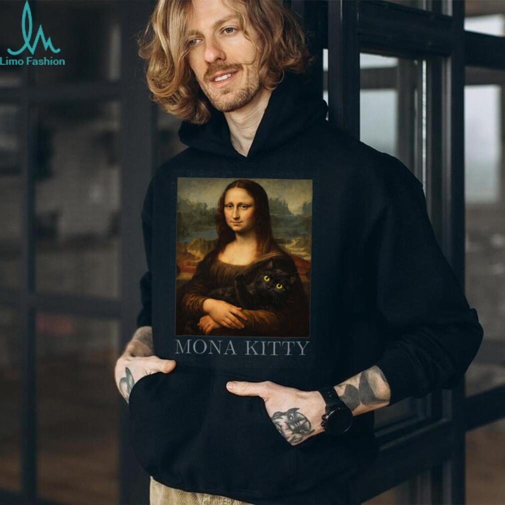 Mona Kitty Parody Mona Lisa Holding Black Cat Art T Shirt