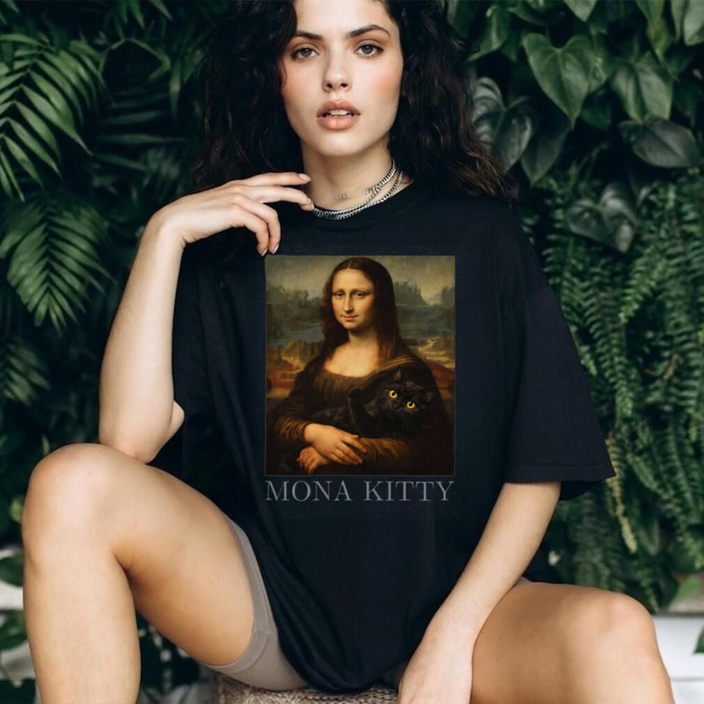Mona Kitty Parody Mona Lisa Holding Black Cat Art T Shirt
