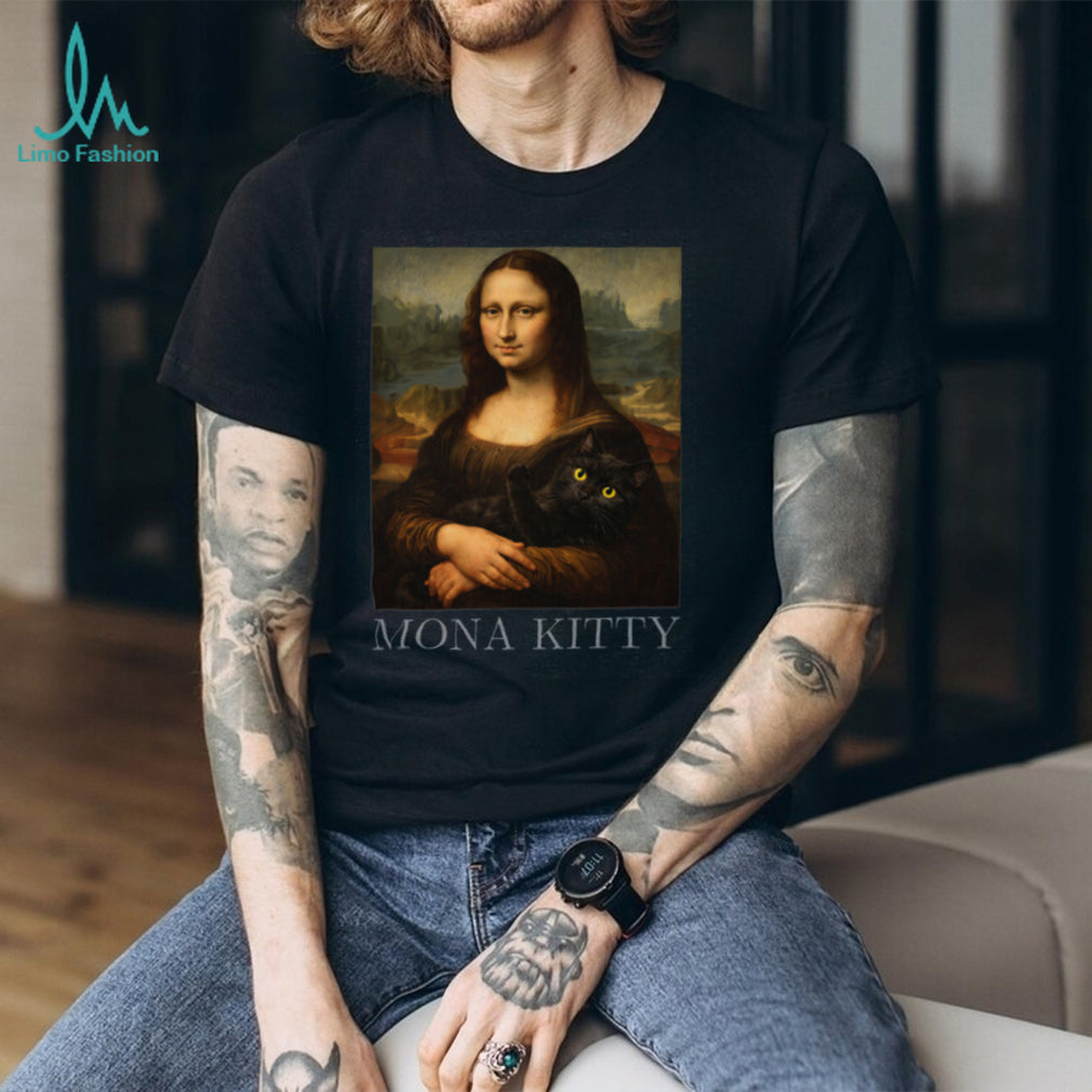 Mona Kitty Parody Mona Lisa Holding Black Cat Art T Shirt