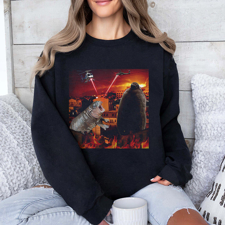 Moo Deng And Pesto Battle Destroy City Fire Scene T Shirt