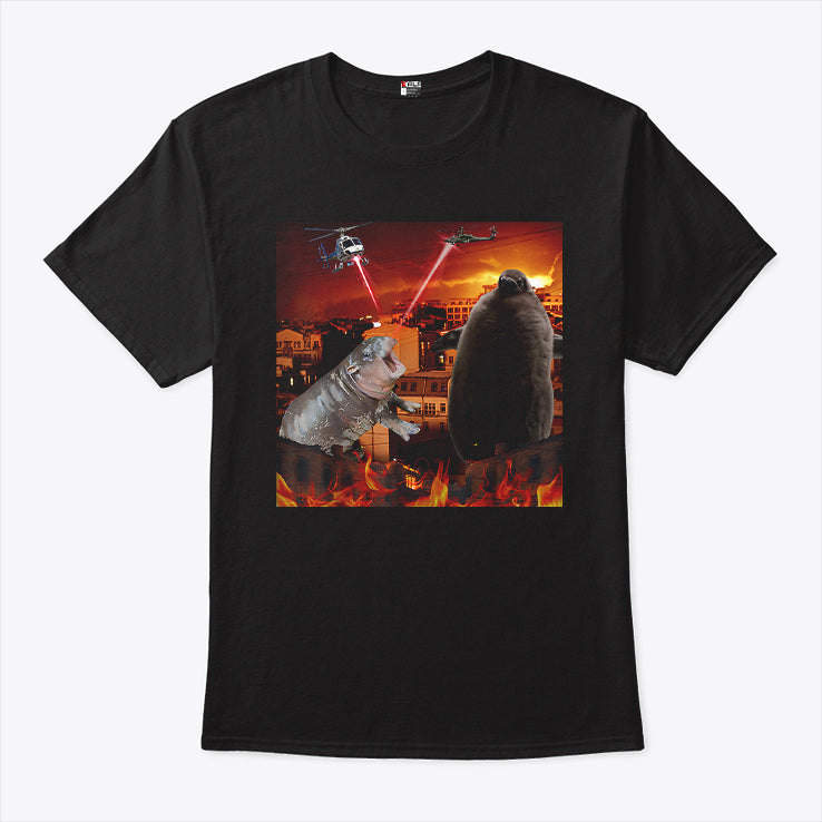 Moo Deng And Pesto Battle Destroy City Fire Scene T Shirt