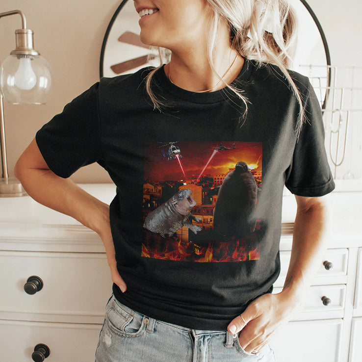 Moo Deng And Pesto Battle Destroy City Fire Scene T Shirt