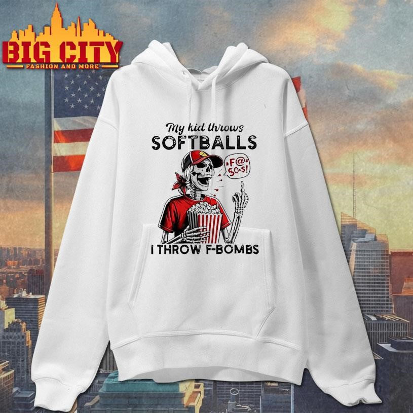 My Kid Throws Softballs Skeleton Red Hat Popcorn Speech Bubble I Throw F Bombs Shirt