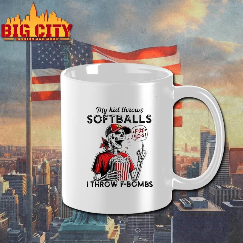 My Kid Throws Softballs Skeleton Red Hat Popcorn Speech Bubble I Throw F Bombs Shirt
