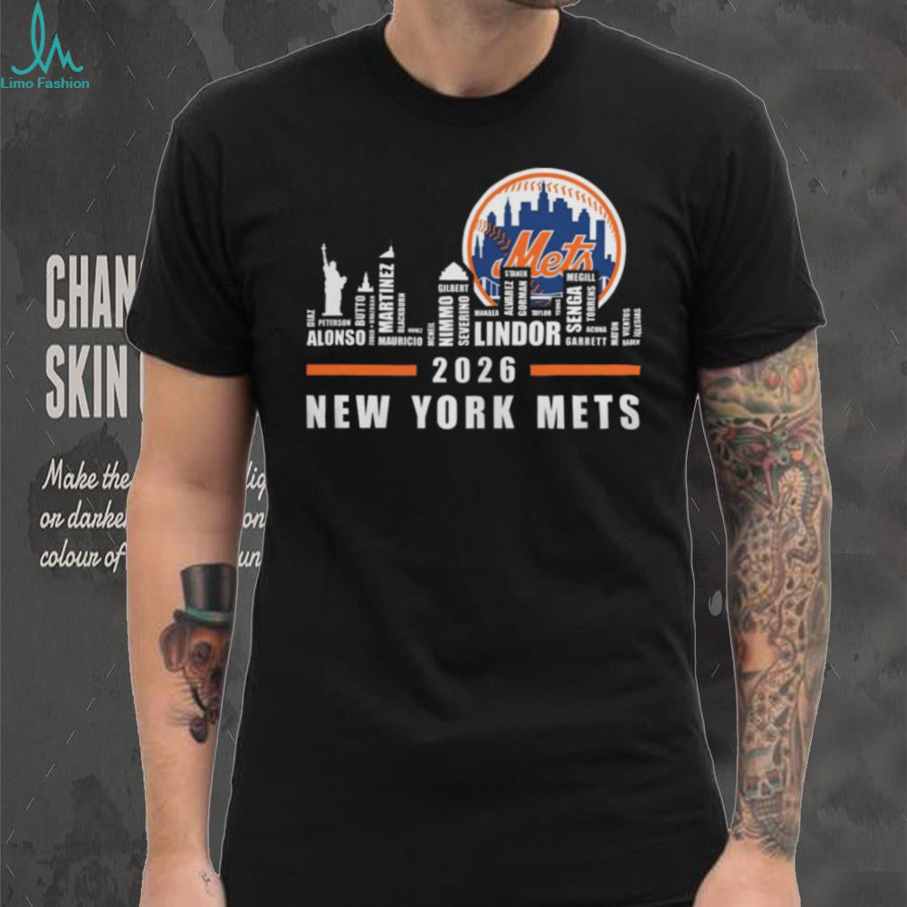 New York Mets 2026 Roster Skyline Word Art Baseball T Shirt