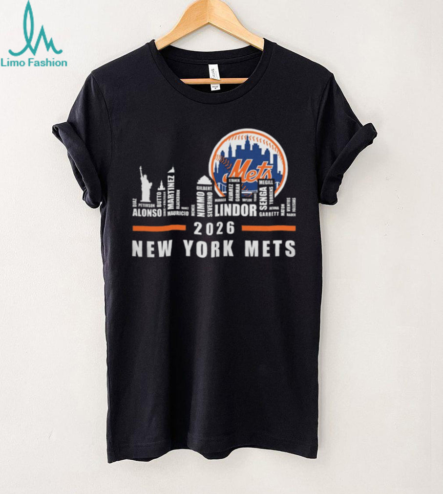 New York Mets 2026 Roster Skyline Word Art Baseball T Shirt