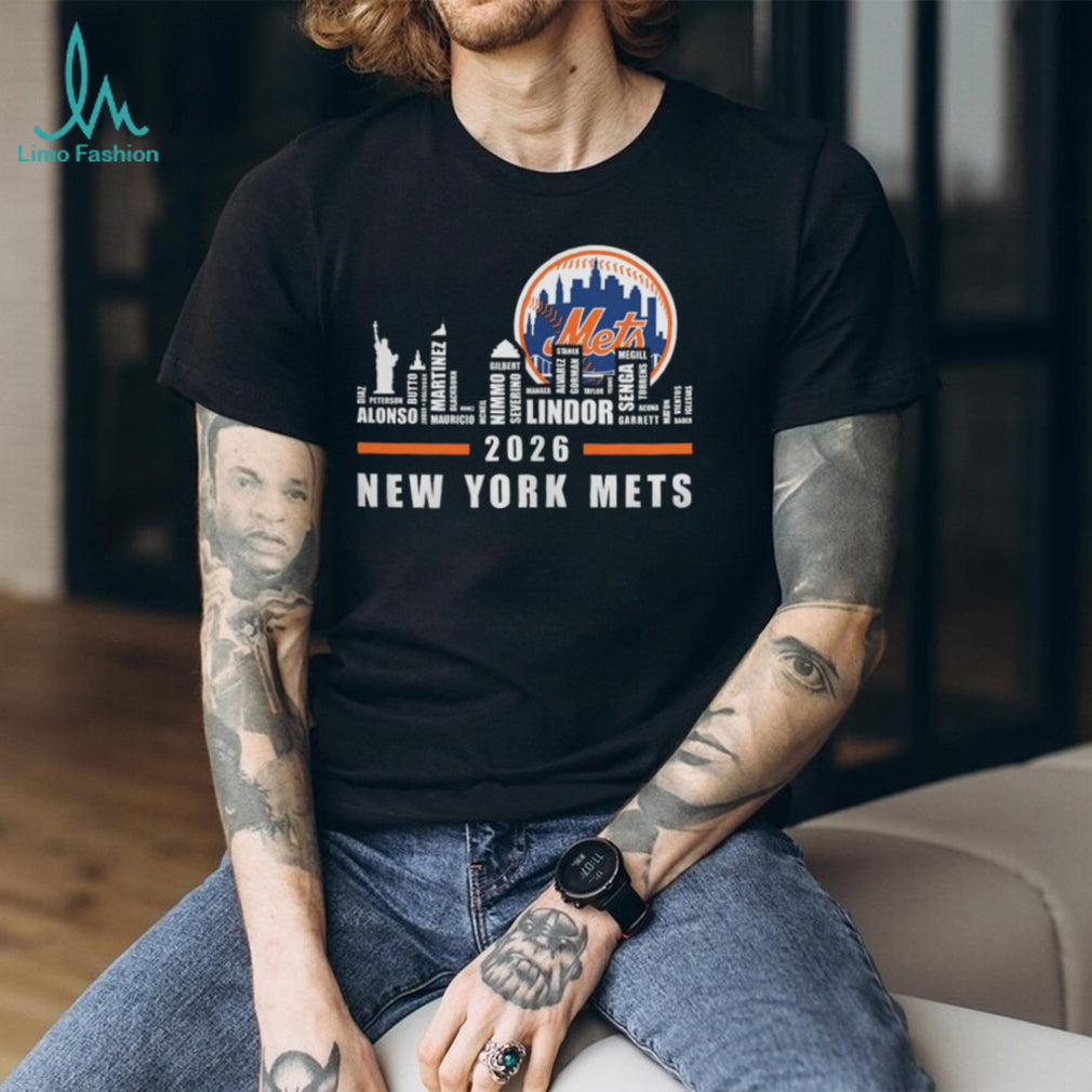 New York Mets 2026 Roster Skyline Word Art Baseball T Shirt