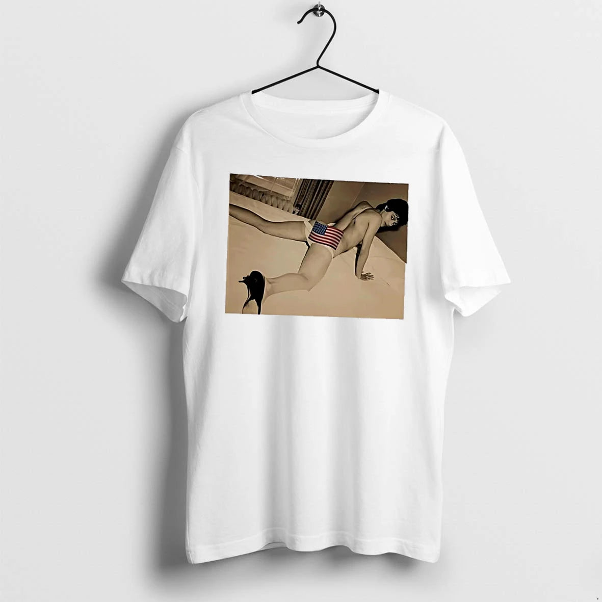 Officials Best Photo Woman Lying Bed High Heels American Flag White Womens T Shirt Sweater