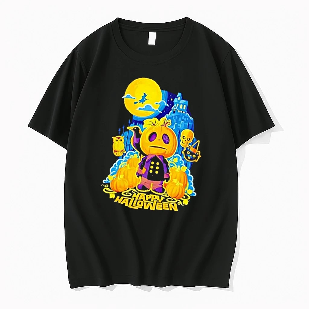 Officials Happy Halloween Cartoon Pumpkin Character Crow Haunted House Moon Mens T Shirt Sweater