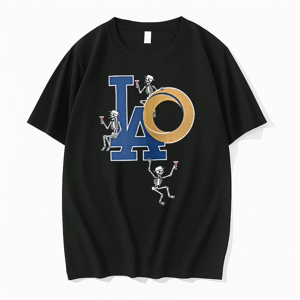 Officials Los Angeles Dodgers Mlb Rams Horn Cartoon Skeletons Drinking Cocktails T Shirt Sweater