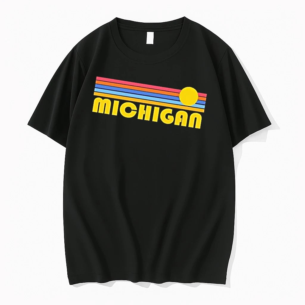 Officials Michigan Retro Sunset Horizontal Colorful Stripes Yellow Sun Mens T Shirt Sweater